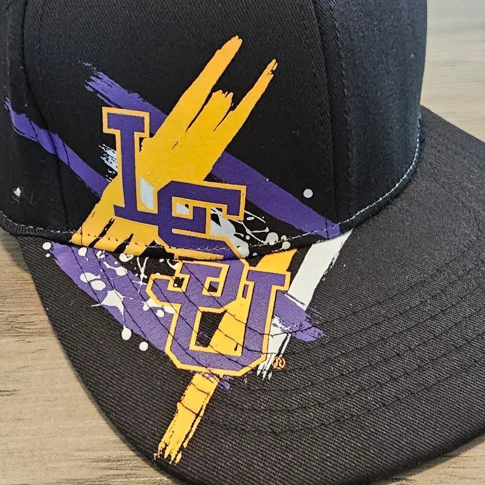Vintage LSU Louisiana Tigers Fitted Hat Cap 90s NCAA Black Paint Splatter Retro